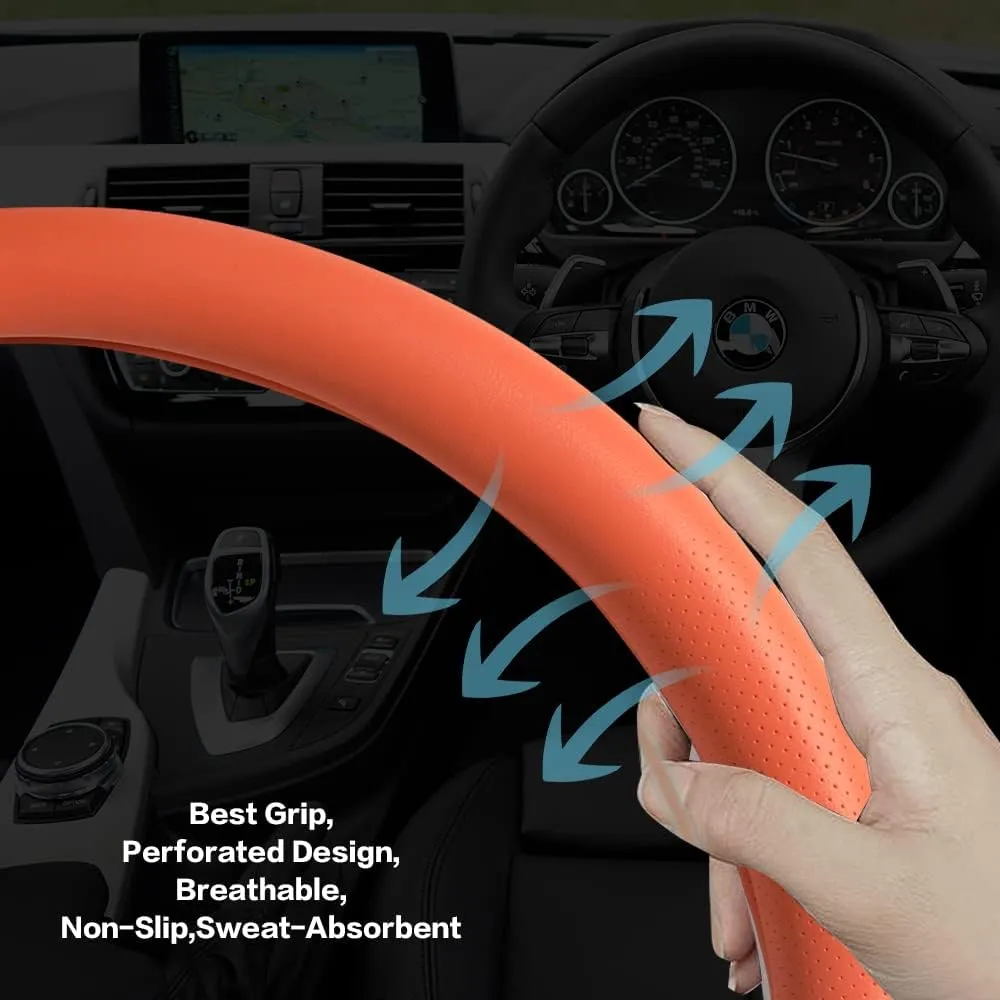VARGTR Car Steering Wheel Cover,Universal 15 Inch Premium Leather Car Steering Wheel Cover,Best Grip,Perforated Design,Breathable,Non-Slip,Sweat-Absorbent,Warm in Winter and Cool in Summer (Orange)