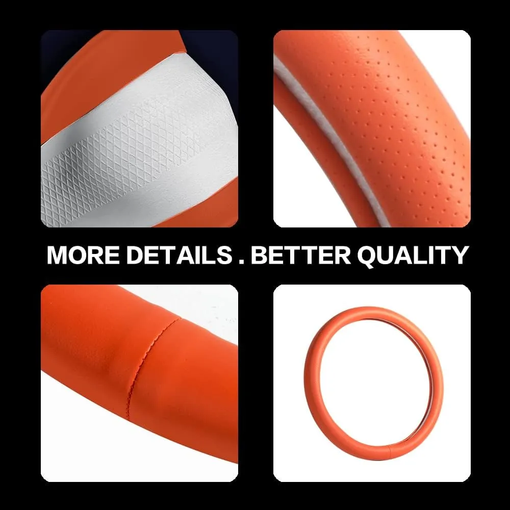VARGTR Car Steering Wheel Cover,Universal 15 Inch Premium Leather Car Steering Wheel Cover,Best Grip,Perforated Design,Breathable,Non-Slip,Sweat-Absorbent,Warm in Winter and Cool in Summer (Orange)