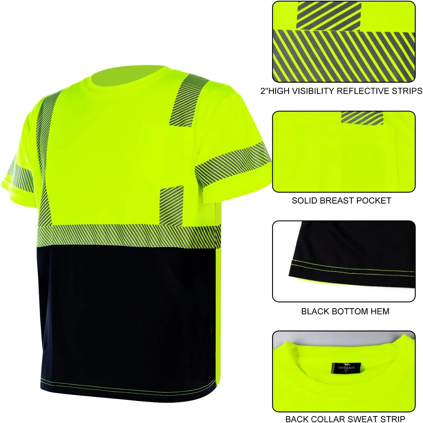 VENDACE Hi Vis Reflective Safety Shirts for Men ANSI Class 3 High Visibility Construction Work T Shirt(Yellow,L)