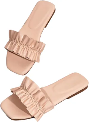 Verdusa Girl's Ruffle Single Band Slides Slippers PU Leather Open Toe Slip on Slippers