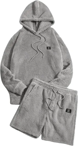 Verdusa Men's 2 Piece Tracksuit Sets Fleece Fuzzy Hooded Sweatshirt and Shorts