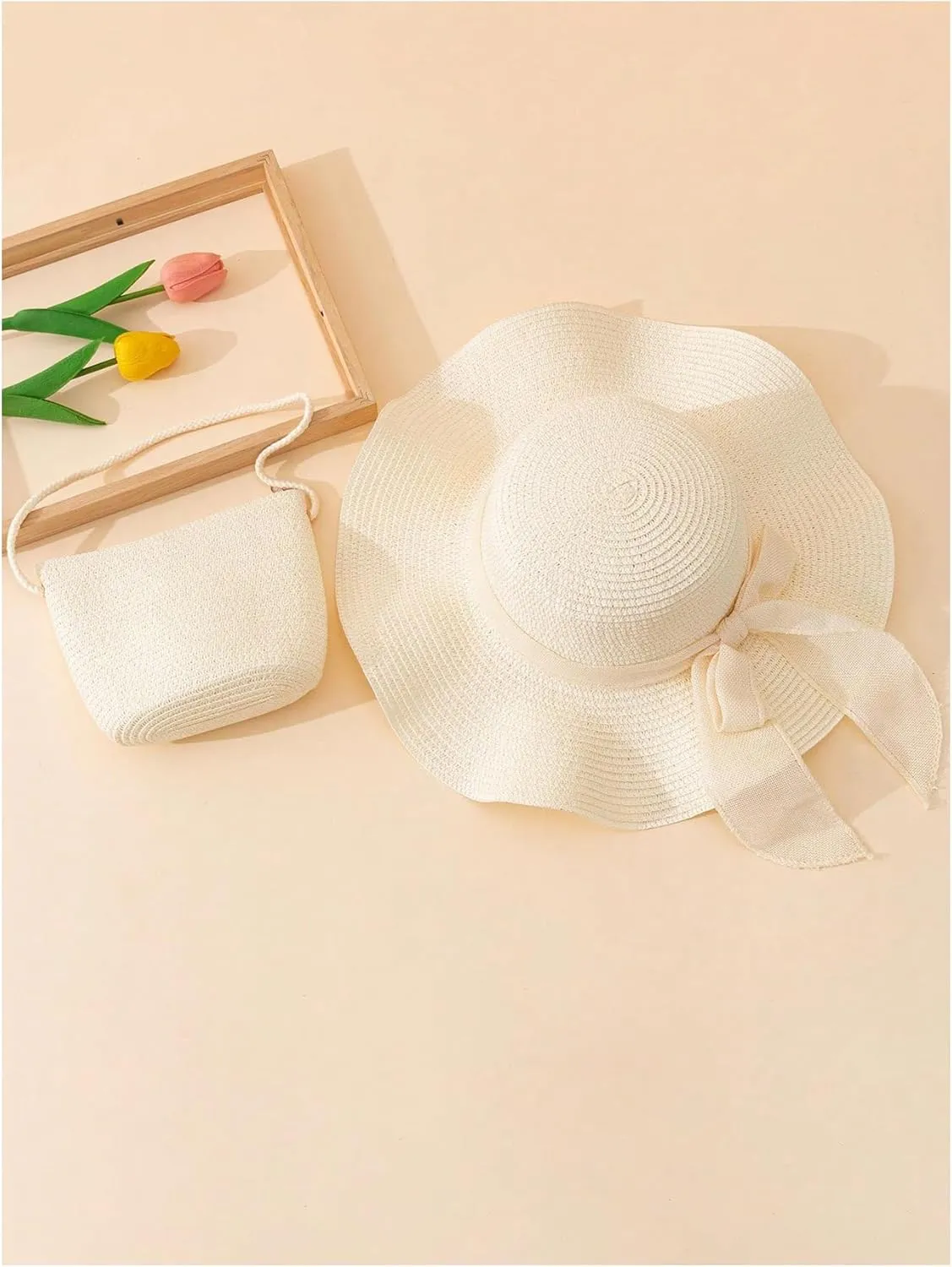 Verdusa Women's Bow Wide Brim Straw Sun Hat and Crossbody Straw Bag Set