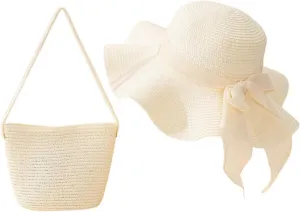 Verdusa Women's Bow Wide Brim Straw Sun Hat and Crossbody Straw Bag Set