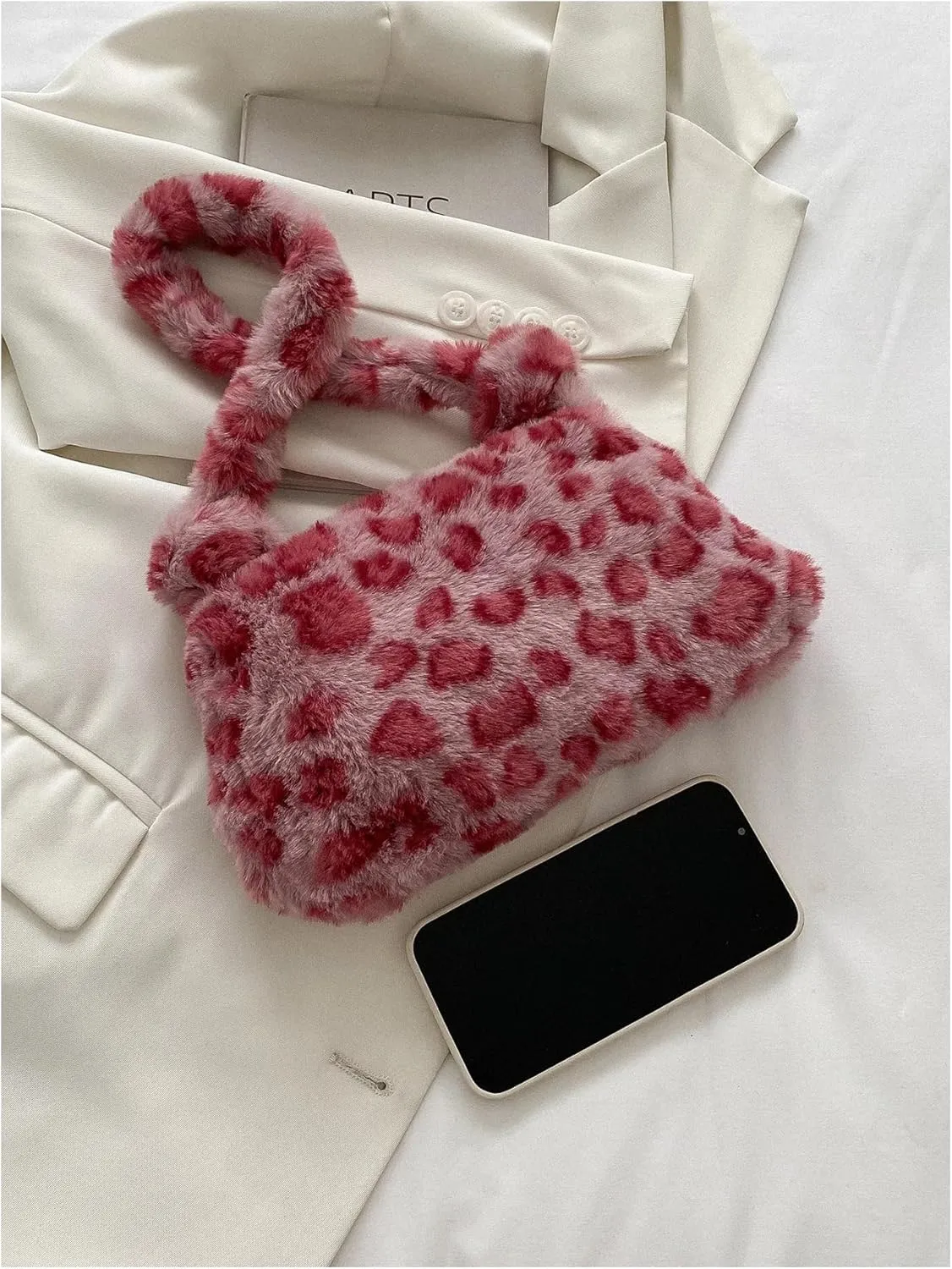 Verdusa Women's Plush Leopard Underarm Shoulder Bags Faux Fur Fuzzy Top Handle Bag