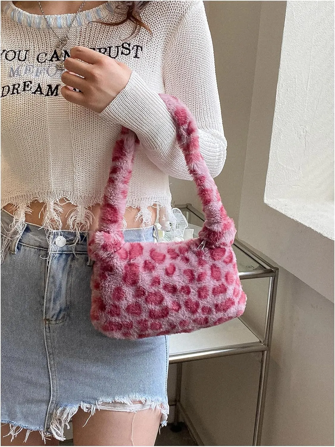 Verdusa Women's Plush Leopard Underarm Shoulder Bags Faux Fur Fuzzy Top Handle Bag