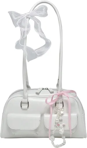 Verdusa Women's Y2K PU Leather Bow Tie and Pearl Lace Solid Shoulder Handbag