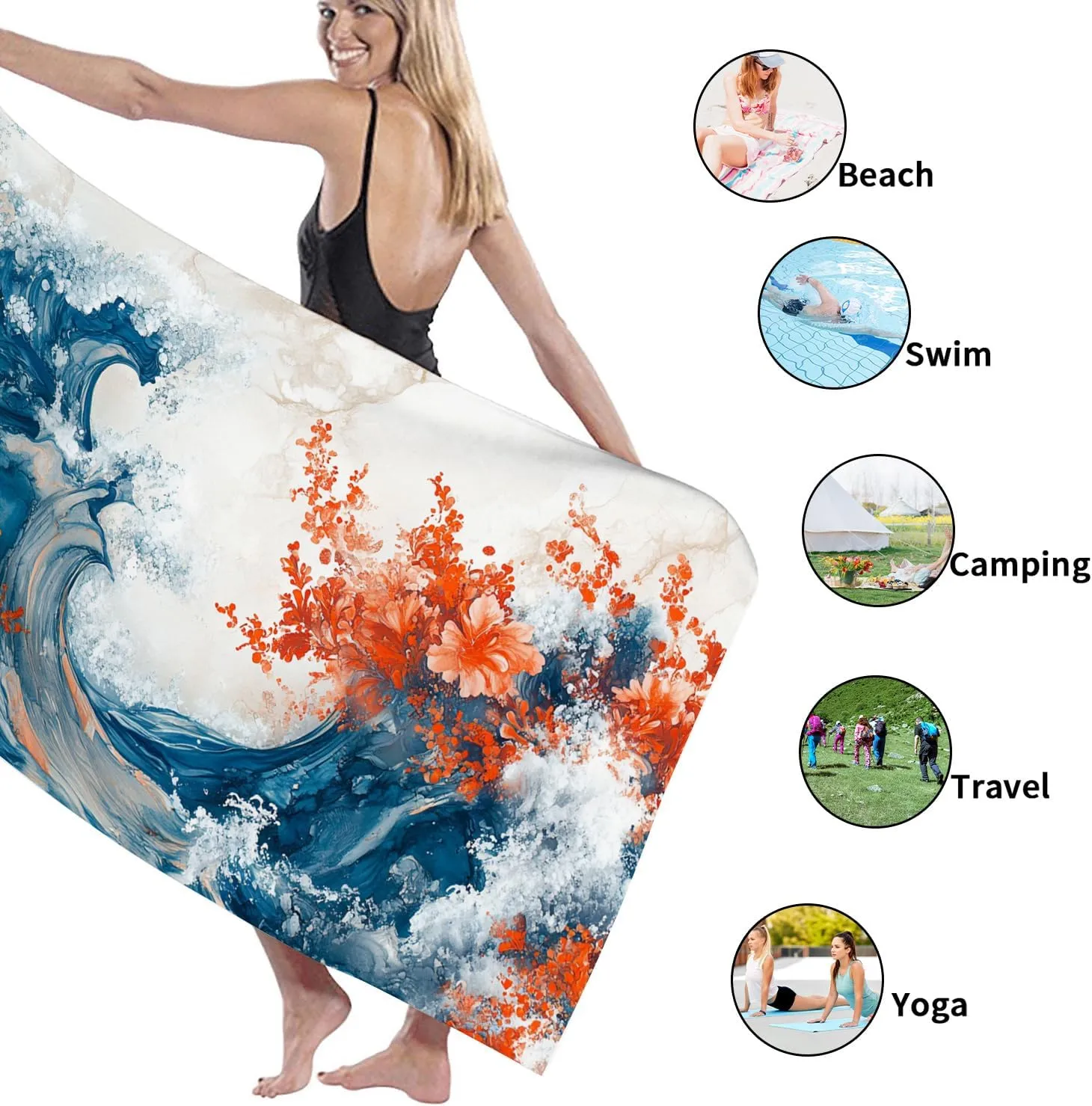 Vibrant Ocean Wave Microfiber Beach Towel Extra Large Turquoise Floral Print Bath Towel, Quick Dry Absorbent Sand Free Oversize Lightweight Beach Blanket for Vacation or Picnic Essentials 70x35 Inch