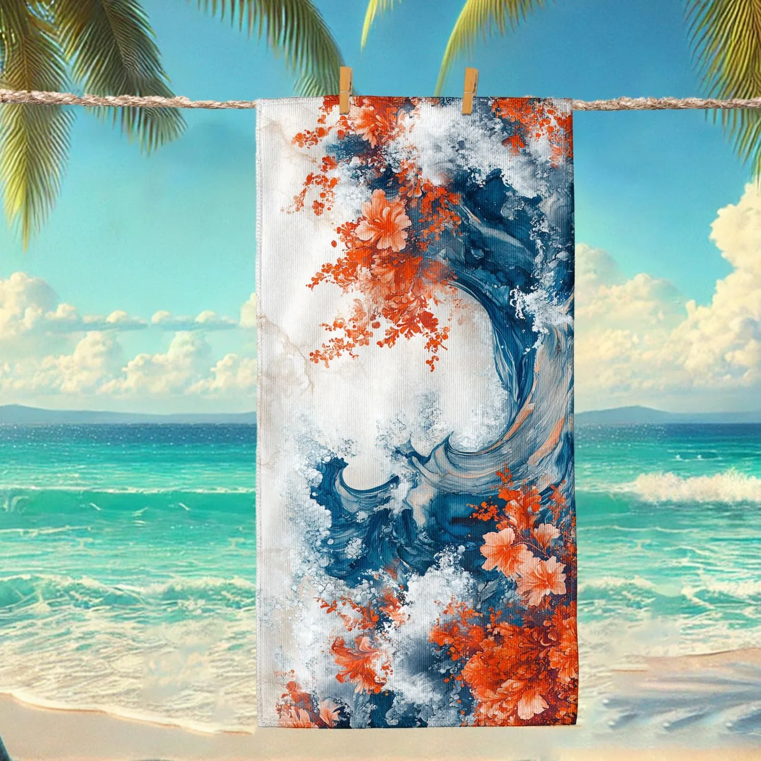 Vibrant Ocean Wave Microfiber Beach Towel Extra Large Turquoise Floral Print Bath Towel, Quick Dry Absorbent Sand Free Oversize Lightweight Beach Blanket for Vacation or Picnic Essentials 70x35 Inch
