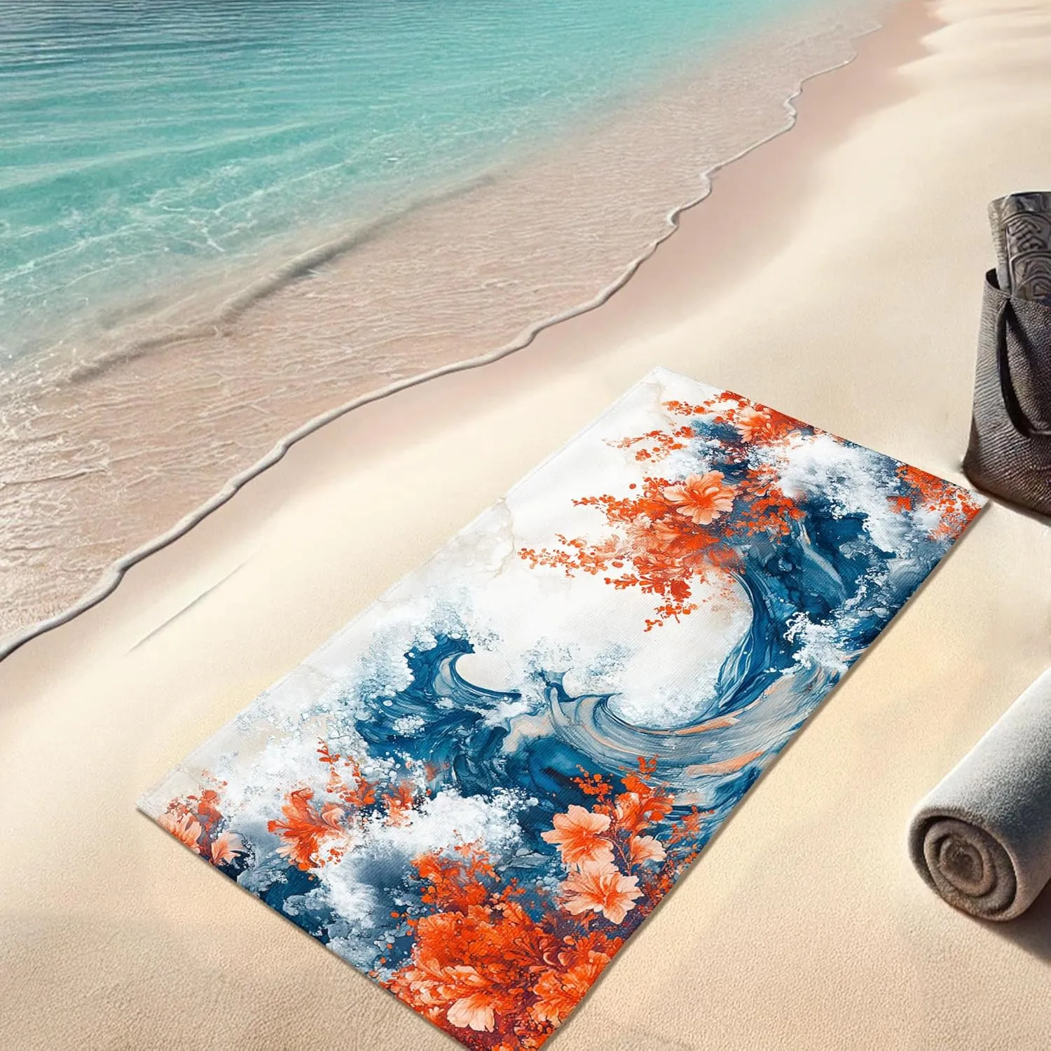 Vibrant Ocean Wave Microfiber Beach Towel Extra Large Turquoise Floral Print Bath Towel, Quick Dry Absorbent Sand Free Oversize Lightweight Beach Blanket for Vacation or Picnic Essentials 70x35 Inch