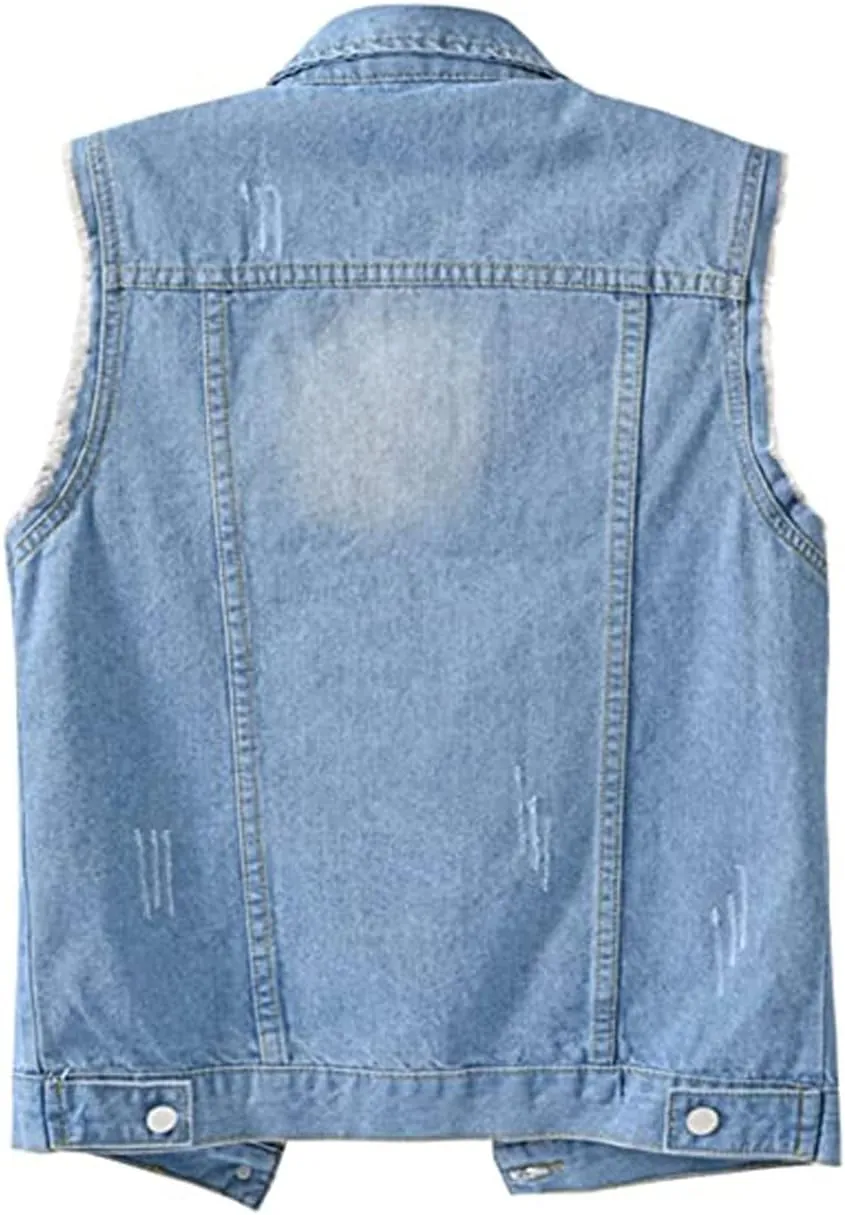 VIEWON Women's Casual Denim Waistcoat Frayed Sleeveless Ripped Jacket Vest with Pockets