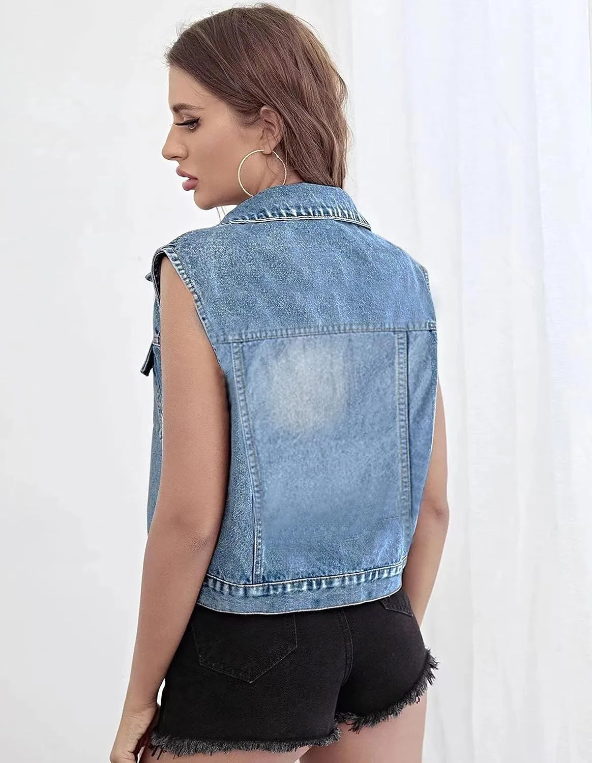 VIEWON Women's Casual Denim Waistcoat Frayed Sleeveless Ripped Jacket Vest with Pockets