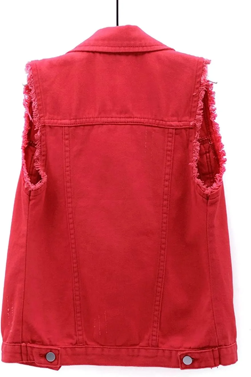 VIEWON Women's Casual Denim Waistcoat Frayed Sleeveless Ripped Jacket Vest with Pockets
