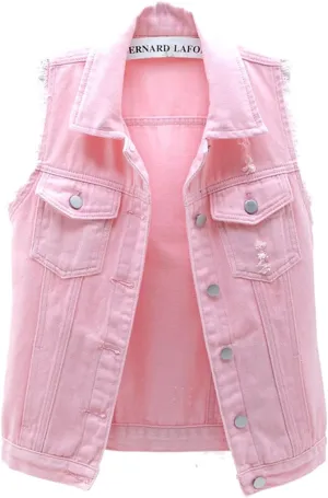 VIEWON Women's Casual Denim Waistcoat Frayed Sleeveless Ripped Jacket Vest with Pockets