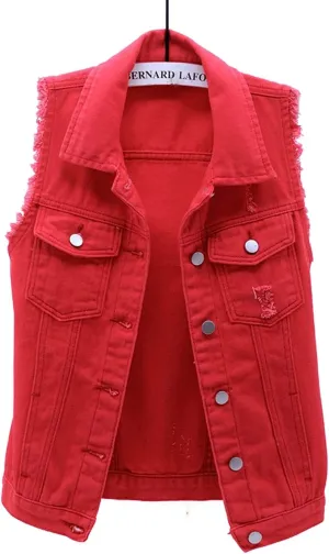 VIEWON Women's Casual Denim Waistcoat Frayed Sleeveless Ripped Jacket Vest with Pockets