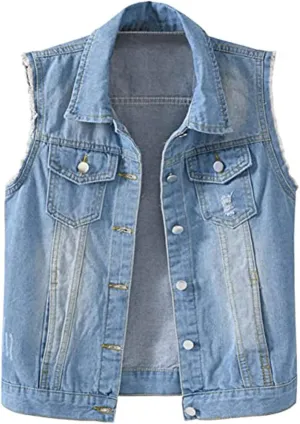 VIEWON Women's Casual Denim Waistcoat Frayed Sleeveless Ripped Jacket Vest with Pockets