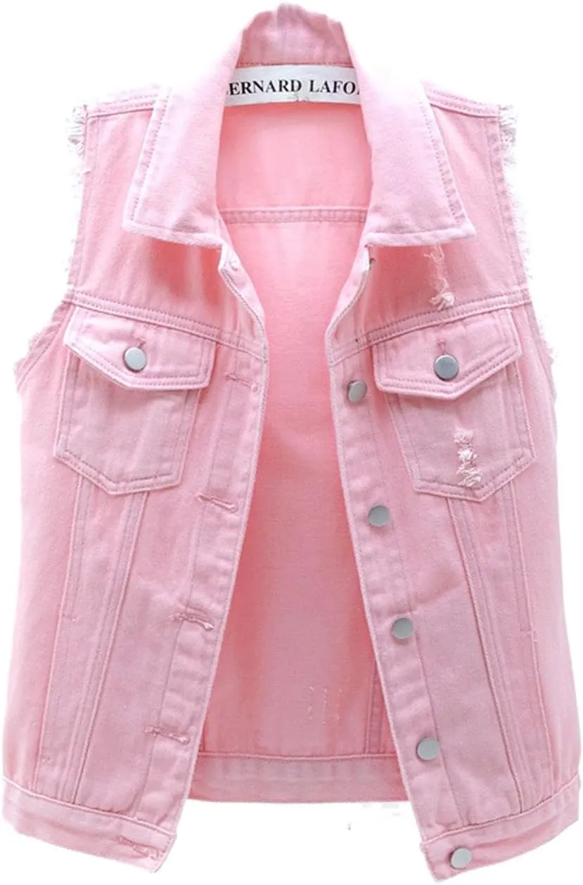 VIEWON Women's Casual Denim Waistcoat Frayed Sleeveless Ripped Jacket Vest with Pockets