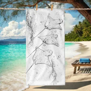 Vintage Ocean Microfiber Beach Towel Black Sketch Manta Rays Bath Towel, Quick Dry Absorbent Soft Sand Free Lightweight Travel Essentials, Pool Picnic Camping Outdoor Trip 70x35 Inch