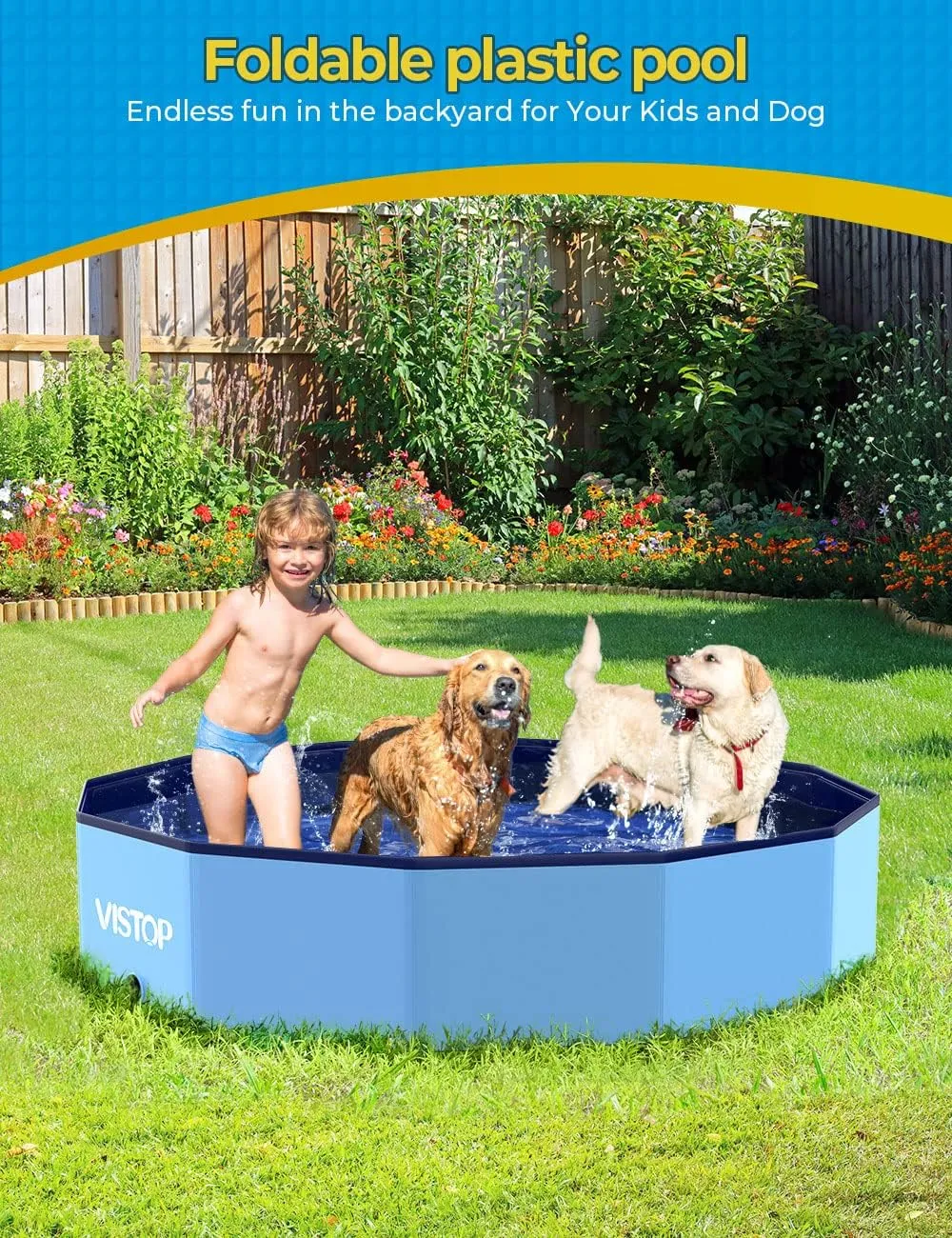 VISTOP Large Foldable Dog Pool, Hard Plastic Shell Portable Swimming Pool for Dogs Cats and Kids Pet Puppy Bathing Tub Collapsible Kiddie Pool (57inch.D x 11.8inch.H, Blue)