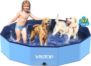 VISTOP Large Foldable Dog Pool, Hard Plastic Shell Portable Swimming Pool for Dogs Cats and Kids Pet Puppy Bathing Tub Collapsible Kiddie Pool (57inch.D x 11.8inch.H, Blue)