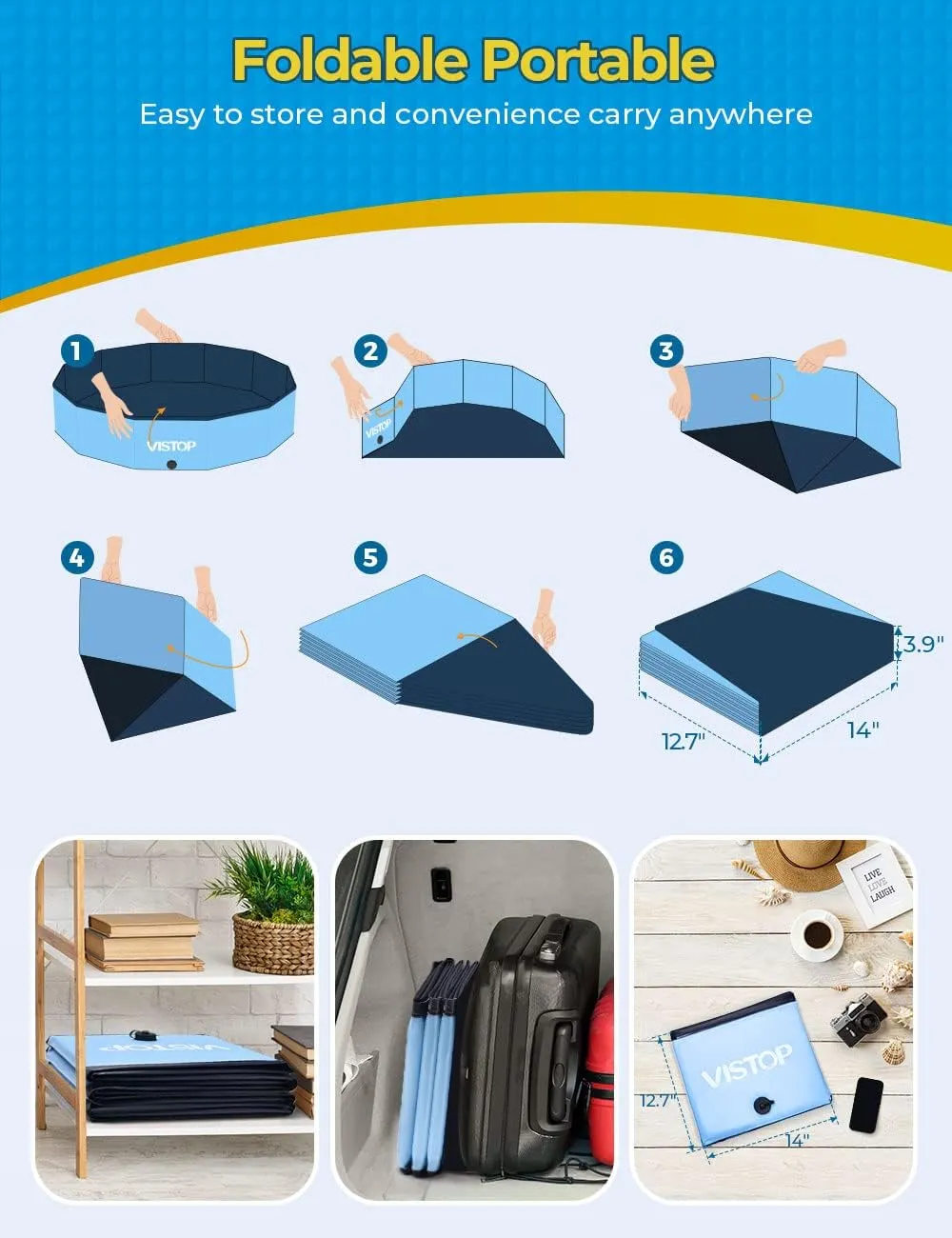 VISTOP Large Foldable Dog Pool, Hard Plastic Shell Portable Swimming Pool for Dogs Cats and Kids Pet Puppy Bathing Tub Collapsible Kiddie Pool (57inch.D x 11.8inch.H, Blue)