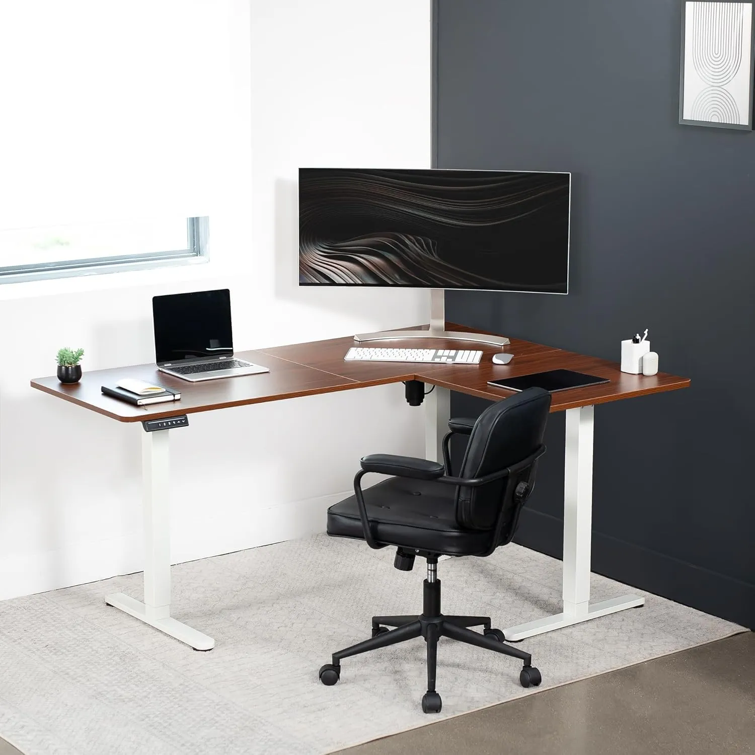 VIVO Electric Corner L-Shaped 63 x 47 in Standing Desk, Memory Height Adjustment, Dark Walnut Top White Frame, DESK-E3CTWD-47
