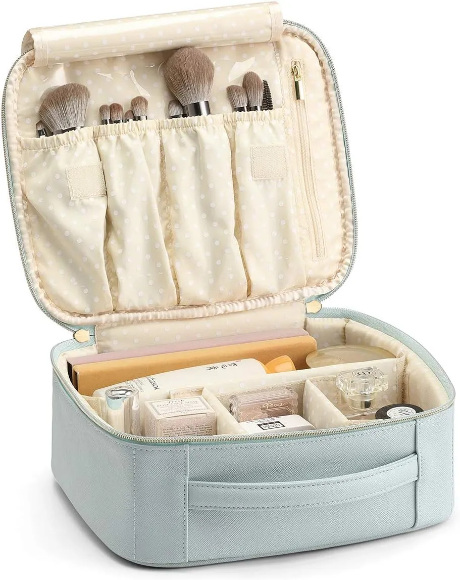 Vlando Travel Cosmetic Make-up Bag Storage Case, Multi-compartment with Dividers for Cosmetics Makeup Brushes Toiletry Jewelry Accessories, Blue