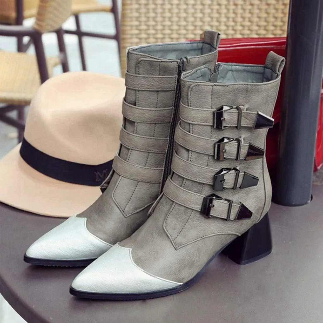 VOKLIN Women's Buckle Strappy Chelsea Ankle Boots Pointed Toe Block Heel Zip Moto Boot Western Short Booties