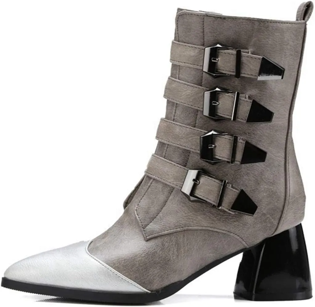 VOKLIN Women's Buckle Strappy Chelsea Ankle Boots Pointed Toe Block Heel Zip Moto Boot Western Short Booties