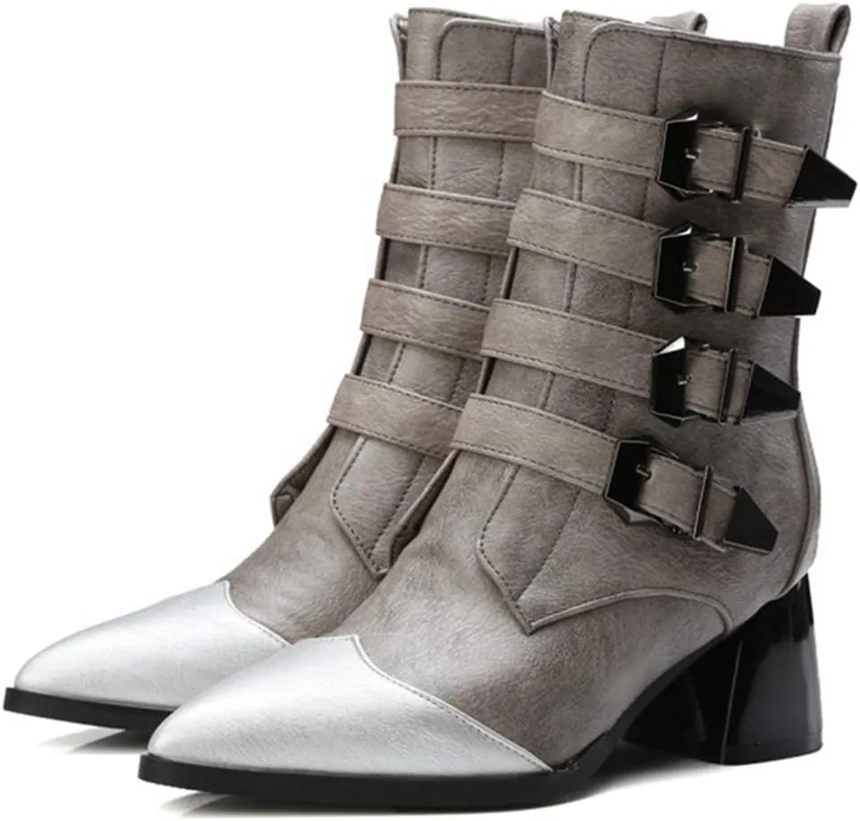 VOKLIN Women's Buckle Strappy Chelsea Ankle Boots Pointed Toe Block Heel Zip Moto Boot Western Short Booties
