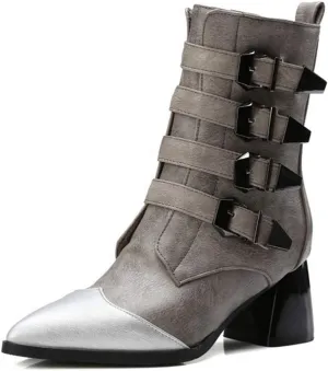VOKLIN Women's Buckle Strappy Chelsea Ankle Boots Pointed Toe Block Heel Zip Moto Boot Western Short Booties