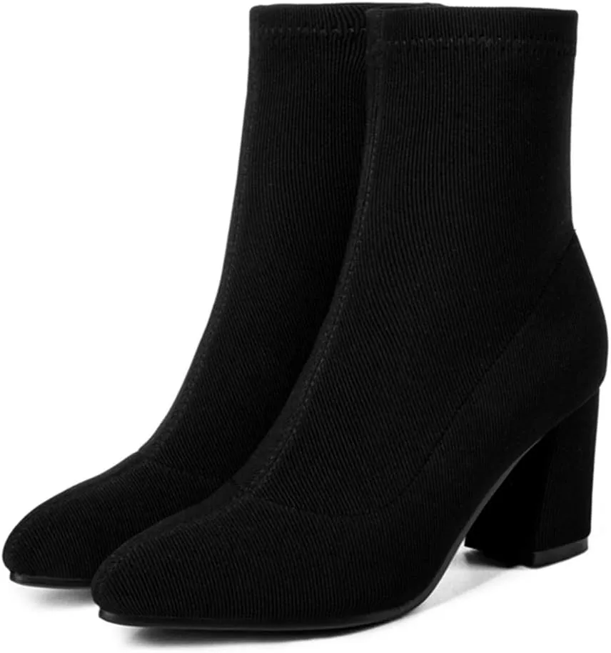 VOKLIN Women's Chunky Block High Heel Ankle Boots Pointed Toe Suede Side Zipper Winter Dressy Short Booties