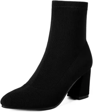 VOKLIN Women's Chunky Block High Heel Ankle Boots Pointed Toe Suede Side Zipper Winter Dressy Short Booties