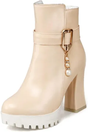 VOKLIN Women's Fashion Platform High Heel Dressy Ankle Boots Round Toe Side Zipper Party Dress Short Booties