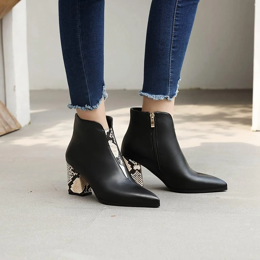 VOKLIN Women's Fashion Pointed Toe Dressy Ankle Boots Zipper Chunky Block High Heels Western Short Booties