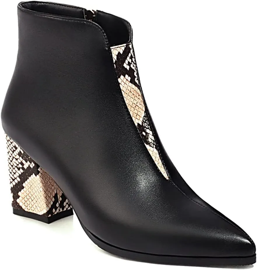 VOKLIN Women's Fashion Pointed Toe Dressy Ankle Boots Zipper Chunky Block High Heels Western Short Booties