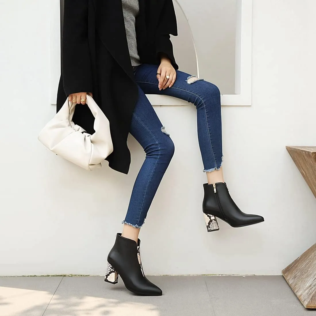 VOKLIN Women's Fashion Pointed Toe Dressy Ankle Boots Zipper Chunky Block High Heels Western Short Booties