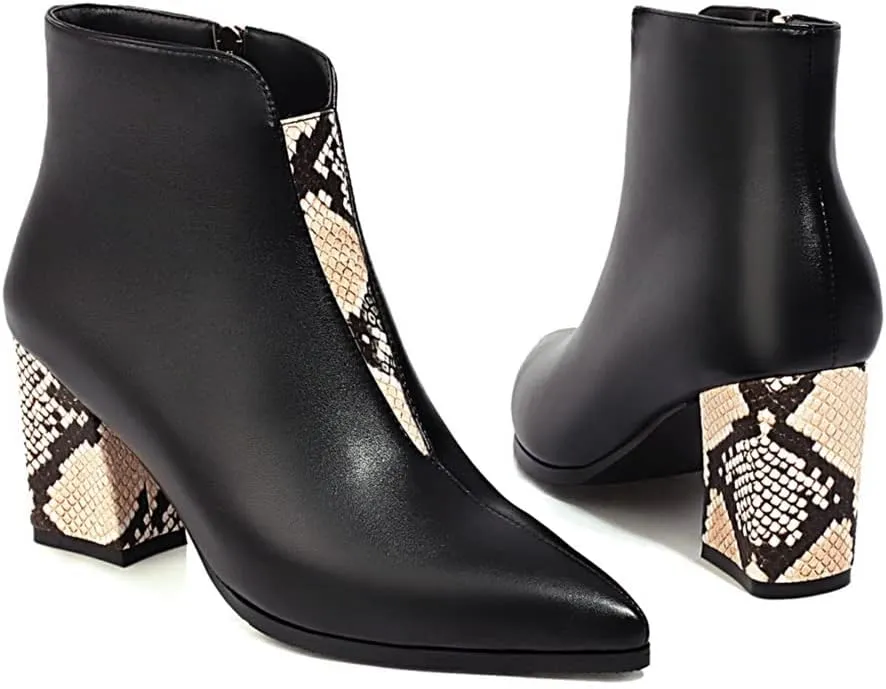 VOKLIN Women's Fashion Pointed Toe Dressy Ankle Boots Zipper Chunky Block High Heels Western Short Booties