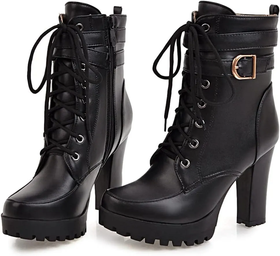 VOKLIN Women's Lace Up Platform High Heels Dress Ankle Boots Round Toe Buckle Zipper Dressy Short Booties
