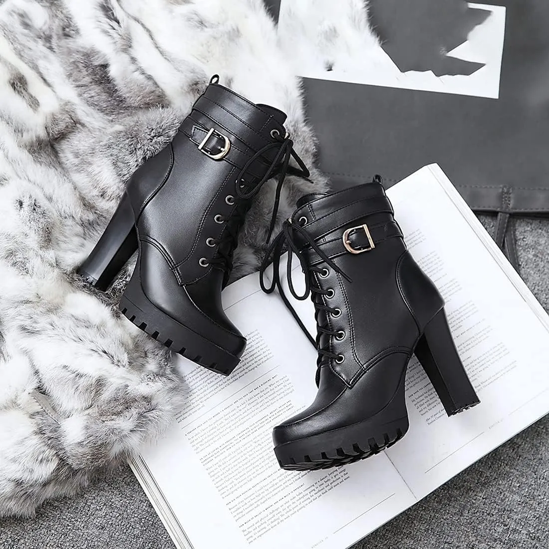 VOKLIN Women's Lace Up Platform High Heels Dress Ankle Boots Round Toe Buckle Zipper Dressy Short Booties