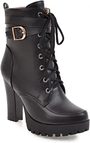 VOKLIN Women's Lace Up Platform High Heels Dress Ankle Boots Round Toe Buckle Zipper Dressy Short Booties