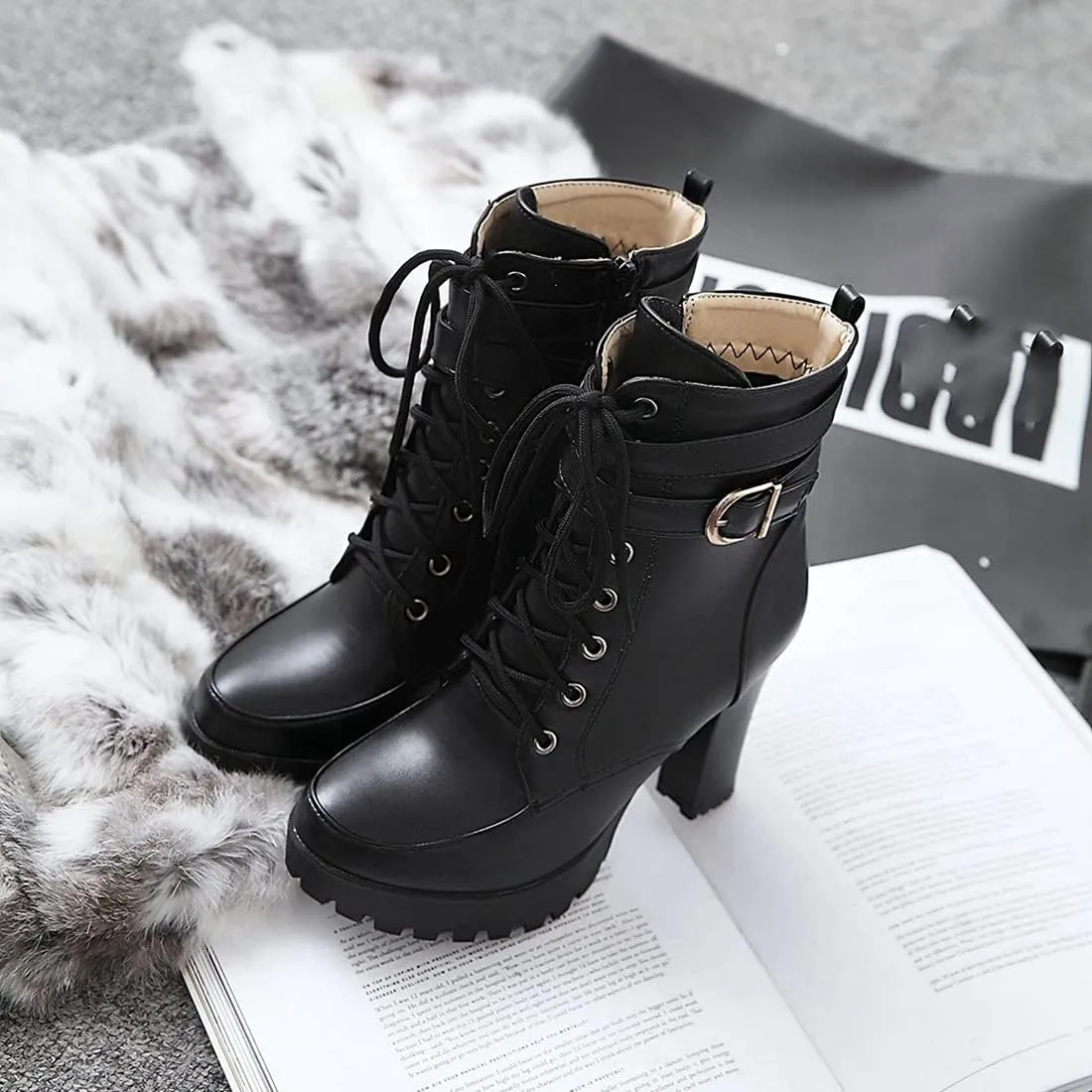 VOKLIN Women's Lace Up Platform High Heels Dress Ankle Boots Round Toe Buckle Zipper Dressy Short Booties
