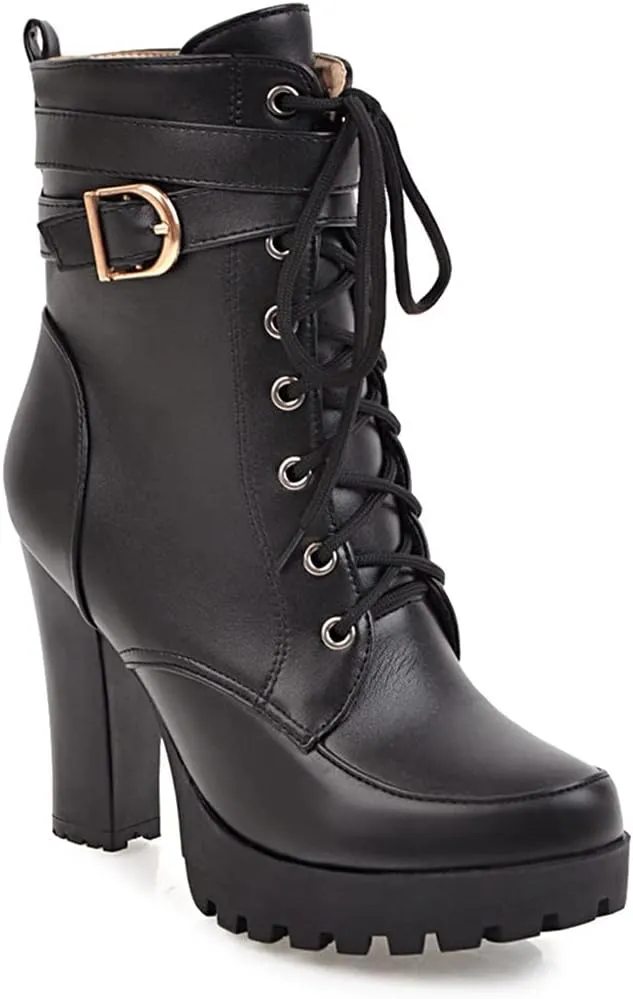 VOKLIN Women's Lace Up Platform High Heels Dress Ankle Boots Round Toe Buckle Zipper Dressy Short Booties