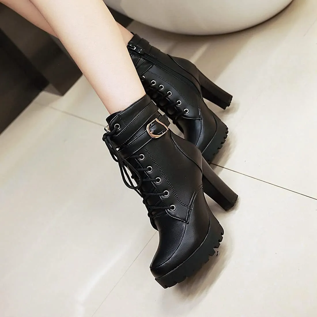 VOKLIN Women's Lace Up Platform High Heels Dress Ankle Boots Round Toe Buckle Zipper Dressy Short Booties
