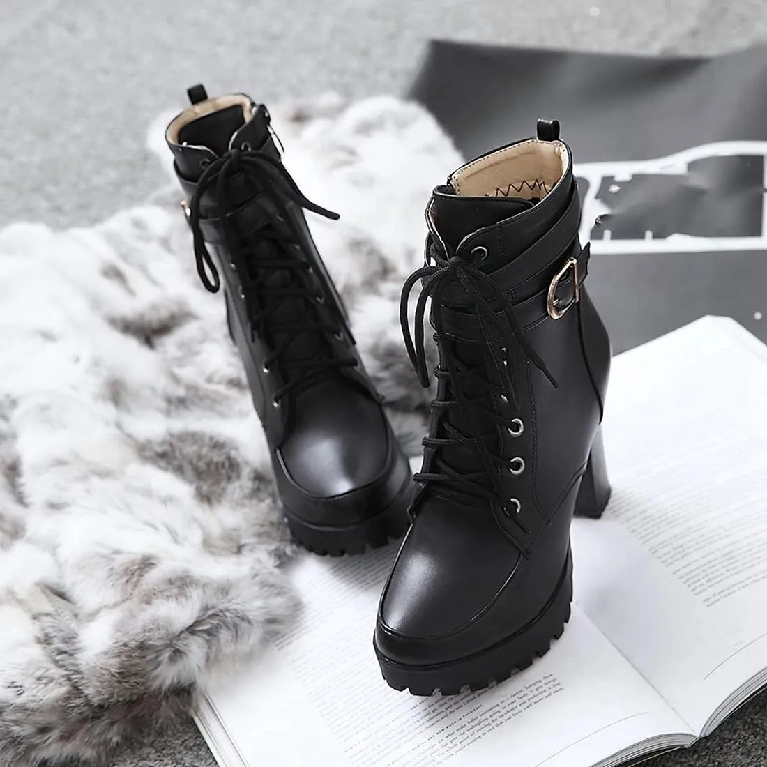 VOKLIN Women's Lace Up Platform High Heels Dress Ankle Boots Round Toe Buckle Zipper Dressy Short Booties