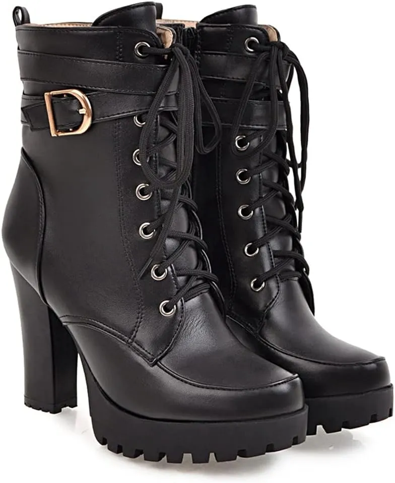 VOKLIN Women's Lace Up Platform High Heels Dress Ankle Boots Round Toe Buckle Zipper Dressy Short Booties
