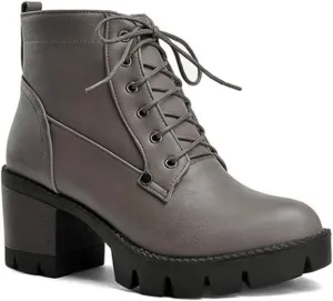 VOKLIN Women's Platform Lace Up Dressy Ankle Boots Round Toe Chunky High Heels Casual Walking Short Booties