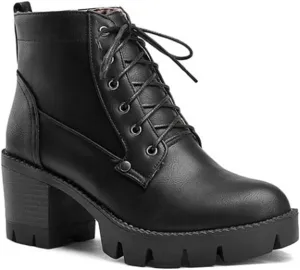 VOKLIN Women's Platform Lace Up Dressy Ankle Boots Round Toe Chunky High Heels Casual Walking Short Booties