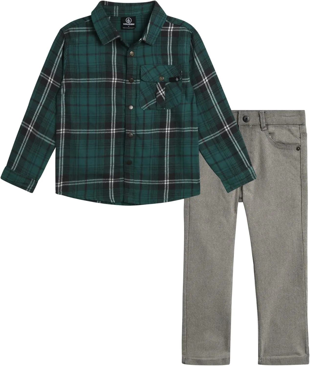 Volcom Toddler Infant Boys' Pants Set - 2 Piece Brushed Flannel Shirt and Slim Fit Woven Denim for Little Boys (Sizes: 12M-7)