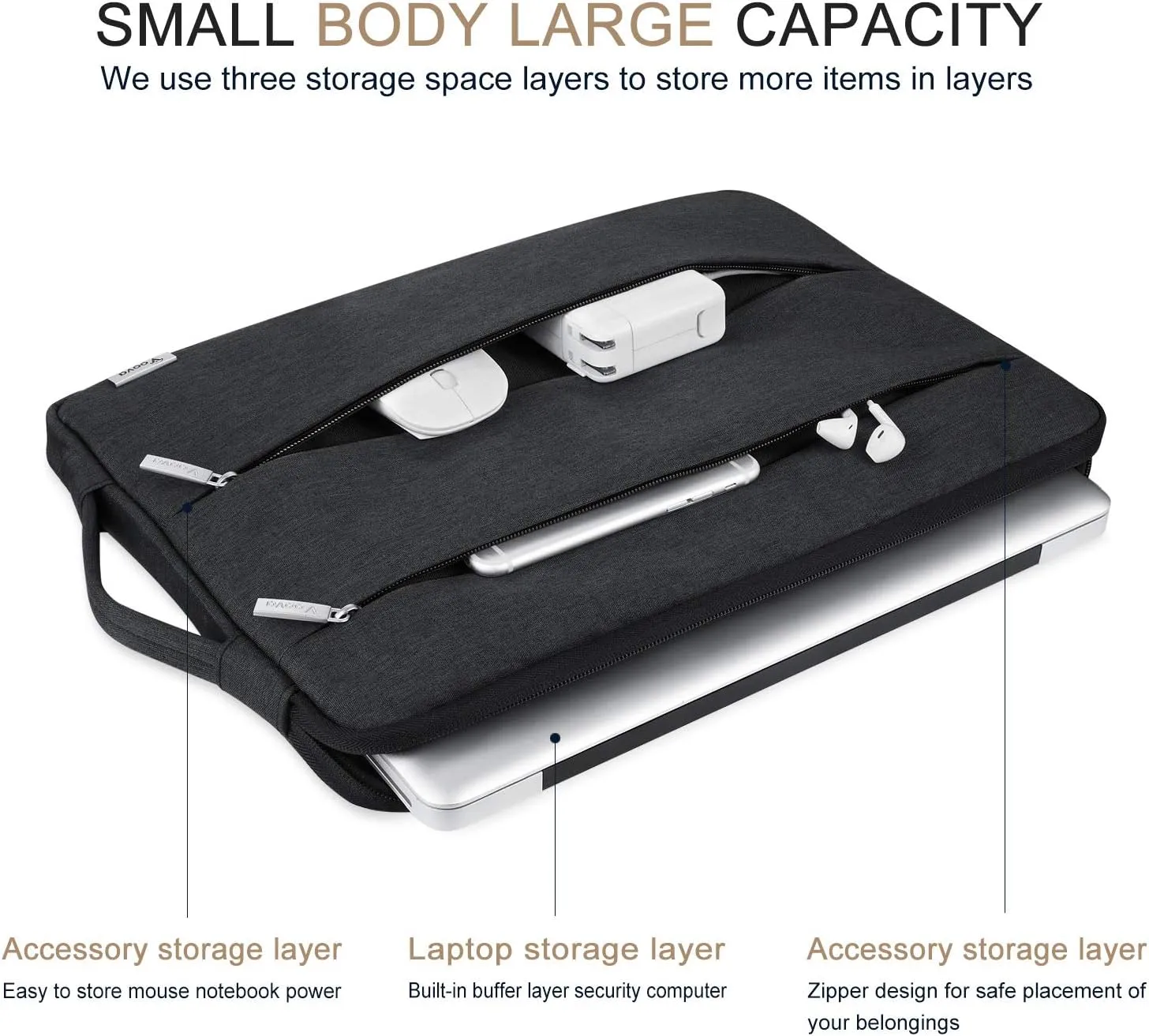 Voova 15.6 16 Inch Laptop Sleeve Carrying Case, Waterproof Computer Cover Bag Compatible with MacBook Pro 16 M3 M2 M1 Pro/Max 2023-2019, Dell XPS 15,15-16 Inch Hp Lenovo Acer Asus Chromebook, Black