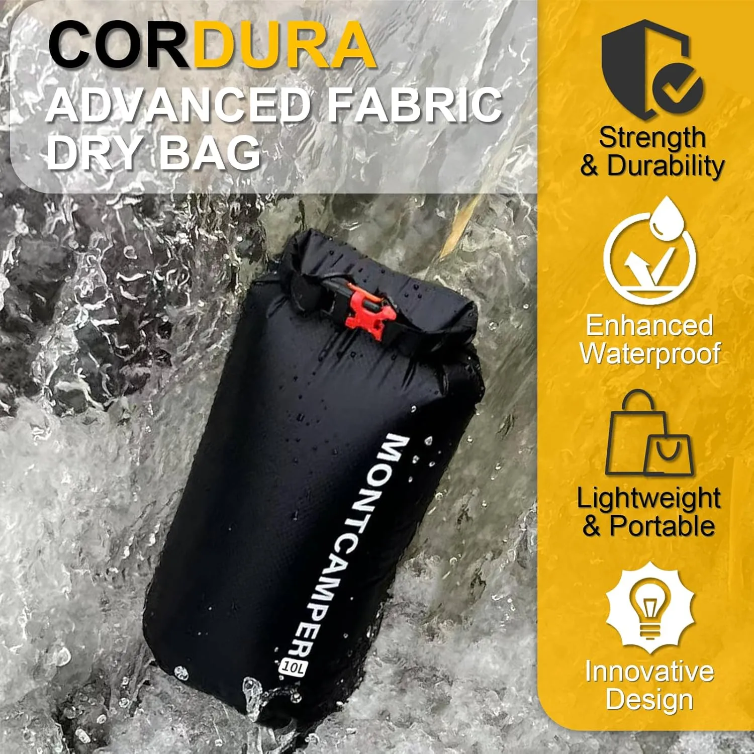 Waterproof Dry Bag with Survival Whistle-Enhanced Tear-resistant CORDURA Fabric-Lightweight Storage Sack for High-Intensity Adventures-Float on Water-Keep Luggage Dry&Organized(10L/Black)